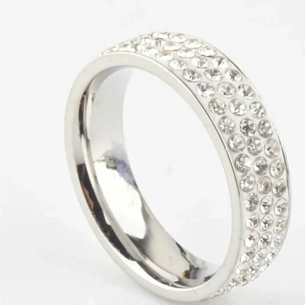 Men's Three Row Crystal Silver Plated Stainless Steel Ring Size 11 New